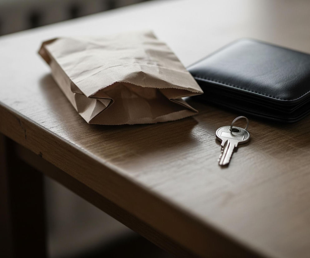 Na drewnianym, jasnobrązowym stole leżą trzy przedmioty: złożona, pusta papierowa torba w kolorze brązowym, czarny, skórzany portfel oraz metalowy klucz z okrągłym kółkiem. Obiekty są rozłożone w linii poziomej, od lewej torba, w środku portfel, a po prawej klucz. Głębokość ostrości jest płytka, skupiając się na wszystkich trzech obiektach, a tło jest rozmyte.