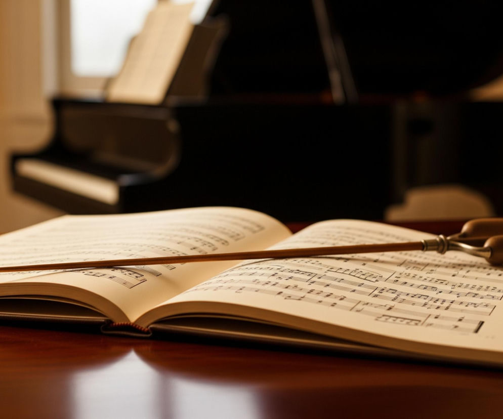 Na pierwszym planie leży otwarty podręcznik z nutami na brązowym, błyszczącym blacie stołu. Na jego stronach, ułożona poziomo, spoczywa batuta dyrygenta z drewnianymi kulkami na obu końcach, z których jedna jest częściowo zasłonięta. W tle, rozmyte, widoczne jest ciemne pianino z otwartą pokrywą i nutami na pulpicie, a za nim jasna ściana.