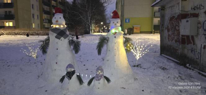 Rodzina bałwanów w Lublinie. Państwo Wrońscy zbudowali zimowy hit osiedla