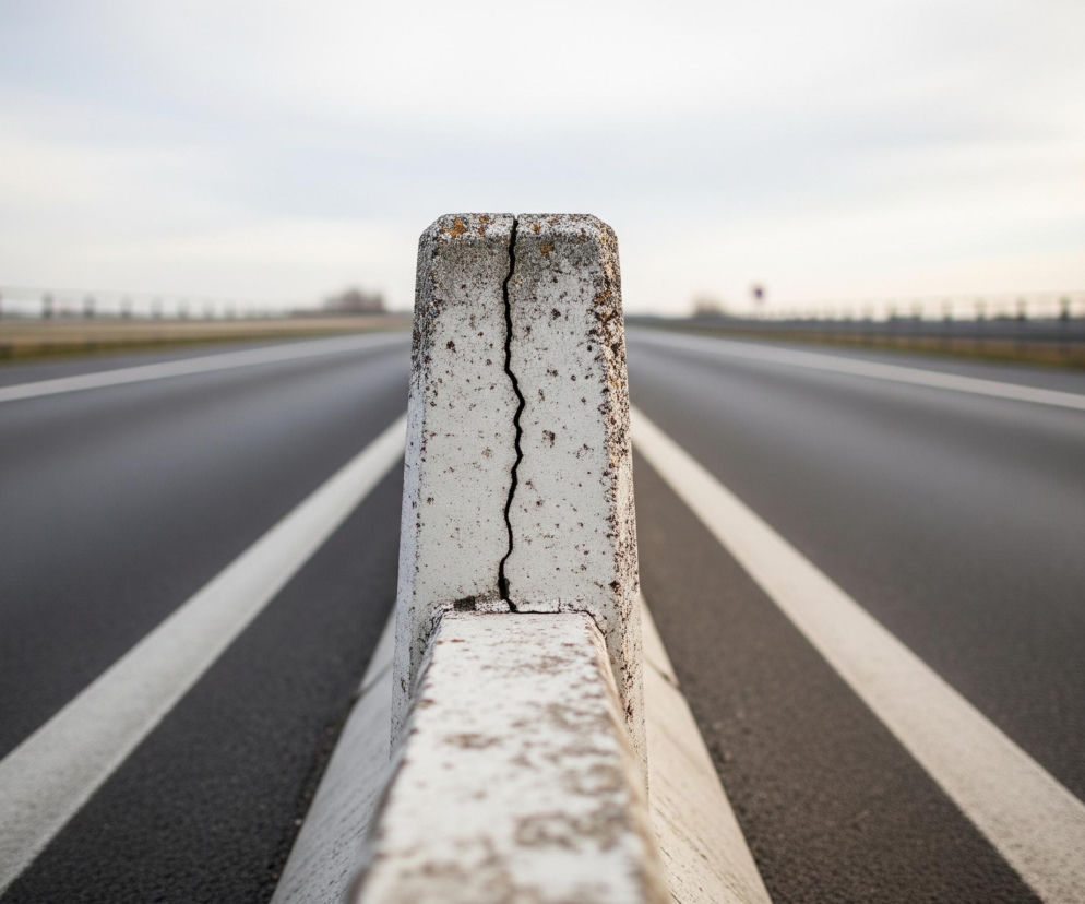 Centralnie, na pierwszym planie, widoczna jest szara, betonowa bariera ochronna z pionowym pęknięciem. Po obu stronach bariery rozciąga się ciemnoszara nawierzchnia drogi z dwoma białymi, ciągłymi liniami, które zbiegają się w oddali, tworząc wrażenie głębi. Horyzont dominuje jasne, zachmurzone niebo w odcieniach szarości i błękitu, z lekkim, ciepłym odcieniem w prawej górnej części. W tle, po obu stronach drogi, znajdują się rozmyte barierki i zarys niewyraźnych obiektów, sugerujących odległość.