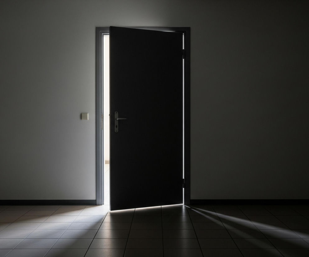 Ciemne, szare pomieszczenie z jasno oświetlonym, otwartym na oścież przejściem drzwiowym pośrodku. Białe światło przelewa się przez futrynę i rzuca ostre, promieniste cienie na podłogę pokrytą kwadratowymi płytkami. Drzwi są ciemne, prawdopodobnie czarne, z metalową klamką i widocznymi zawiasami od wewnętrznej strony. Po lewej stronie drzwi, na szarej ścianie, znajduje się beżowy włącznik światła.