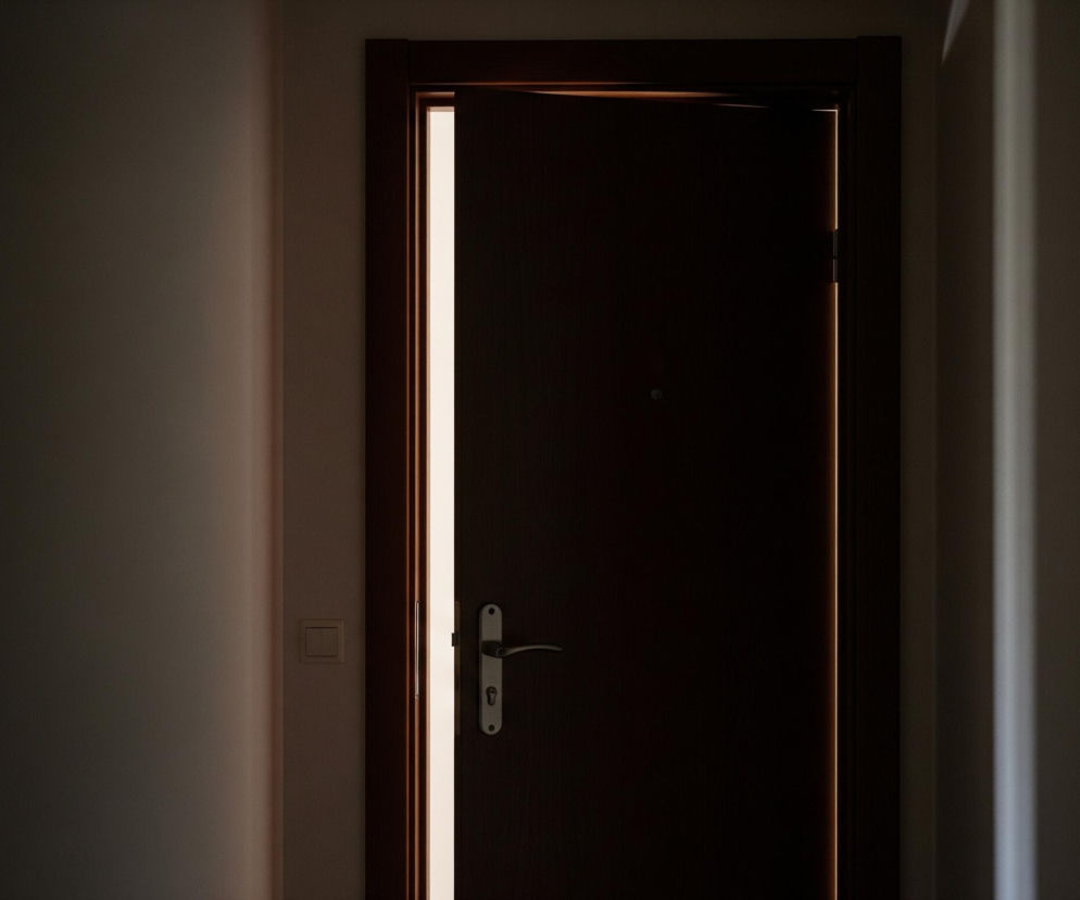 Ciemnobrązowe drzwi uchylone są w pomieszczeniu o szarobrązowych ścianach, tworząc pionową, jasną szczelinę po lewej stronie. Na drzwiach widoczna jest srebrna klamka z kluczem oraz ciemny wizjer. Po prawej stronie drzwi, na ścianie, rozciąga się pionowy pas jasnego światła.