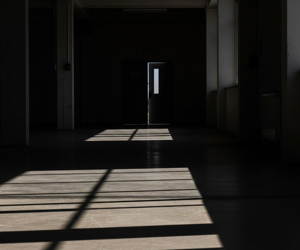 Długi, ciemny korytarz rozciąga się w głąb obrazu, z jaśniejszym obszarem podłogi pośrodku. Na podłodze widoczne są wyraźne, równoległe cienie, tworzące prostokątny wzór, prawdopodobnie pochodzące z okna po prawej stronie. Na końcu korytarza widnieje otwarte na oścież drzwi, przez które wpada intensywne światło, tworząc pionowy, jasny pas. Po prawej stronie widać okno z pionowymi elementami, z którego częściowo pada światło na ścianę.