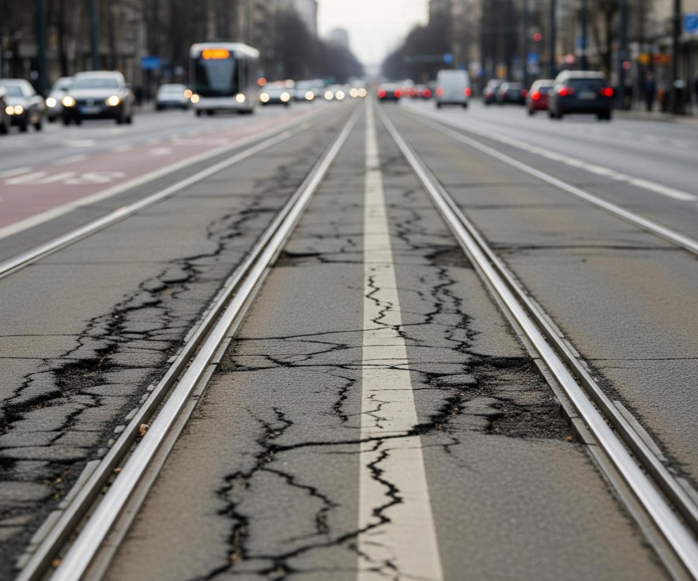 Centralnym punktem obrazu są dwa równoległe tory tramwajowe, biegnące przez środek szarej nawierzchni drogi, z wyraźną białą, falistą linią pośrodku między nimi. Asfalt wokół torów jest popękany, tworząc czarne, nieregularne wzory. Po obu stronach torów widoczne są pasy ruchu dla samochodów, z których lewy pas ma fragment oznaczony na czerwono z białymi strzałkami. W tle, w oddali, widać samochody jadące w obu kierunkach, niektóre z włączonymi światłami, oraz zarys miejskiego krajobrazu z budynkami i drzewami.