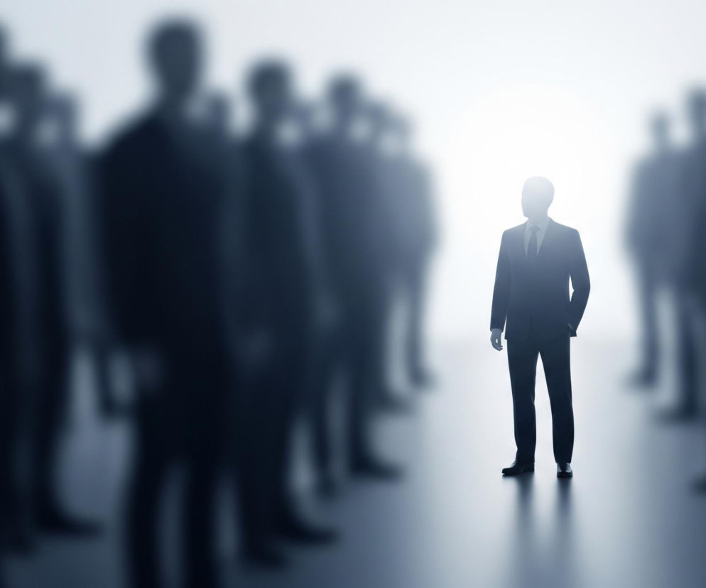 W centrum obrazu stoi mężczyzna ubrany w ciemny garnitur z krawatem, jego sylwetka jest wyraźnie widoczna i lekko rozświetlona, a głowa świeci jasnym światłem. Postać stoi prosto, z jedną ręką w kieszeni, na lśniącej, odbijającej światło powierzchni. Po obu stronach głównego mężczyzny znajdują się szeregi rozmytych, ciemnych sylwetek innych mężczyzn w garniturach, rozmieszczonych wzdłuż perspektywicznej linii zbieżnej ku jasnemu centrum. Całość utrzymana jest w chłodnych odcieniach błękitu i bieli, z efektem rozmycia tła, co tworzy wrażenie głębi i kontrastu między ostrością głównej postaci a rozmytym otoczeniem.