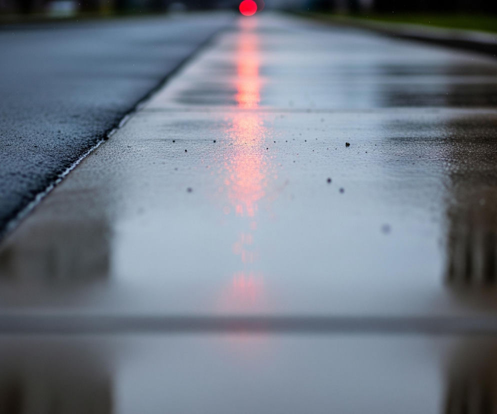 Mokrą asfaltową drogę oraz przylegający do niej betonowy chodnik, biegnące perspektywicznie w głąb kadru. Na asfalcie widoczne są drobne kropelki wody, podczas gdy chodnik jest zalany cienką warstwą wody, tworząc lustrzane odbicie. W oddali, na końcu drogi, widoczne jest jaskrawe, czerwone światło, którego odbicie rozciąga się wzdłuż mokrej powierzchni chodnika, tworząc smugę koloru. Ogólna kolorystyka jest stonowana, z dominacją ciemnych szarości i błękitów, przełamanych czerwonym blaskiem.