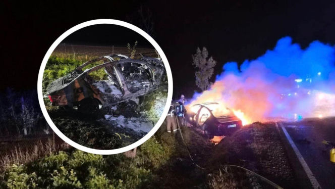 Groźny wypadek w Suchożebrach. Roztrzaskał BMW na drzewie, a wrak stanął w ogniu