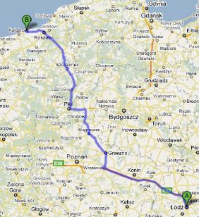 Trasa E30, trasa 190 i trasa 11 Łódź-Ustronie Morskie - mapka