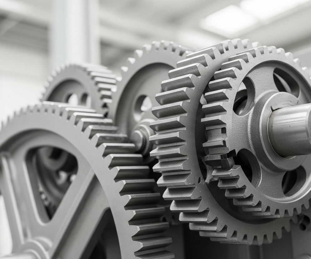 Układ wzajemnie zazębiających się stalowych kół zębatych o różnych średnicach. Największe koło zębate zajmuje lewą część kadru, częściowo wychodząc poza jego krawędź. W centralnej i prawej części obrazu dominują mniejsze koła zębate, przymocowane do metalowej konstrukcji w odcieniach szarości, która również częściowo wychodzi poza kadr po prawej stronie. Tło jest rozmyte, ale sugeruje jasne, przemysłowe wnętrze z widocznymi, podłużnymi źródłami światła na suficie.