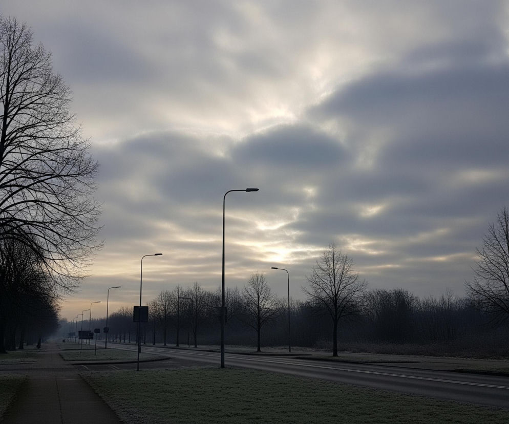 Droga wzdłuż szerokiej ulicy rozciąga się w głąb obrazu, otoczona równymi pasami trawy pokrytej szronem i licznymi drzewami bezlistnymi, tworzącymi aleję po lewej stronie oraz gęsty las po prawej. Na niebie dominują szare chmury, częściowo rozświetlone przez ukryte słońce, które tworzy jasne, punktowe przebłyski światła. Rząd ulicznych lamp stoi wzdłuż drogi, a ich sylwetki, wraz z drzewami, są ciemne i wyraźnie odznaczają się na tle jasnego nieba.