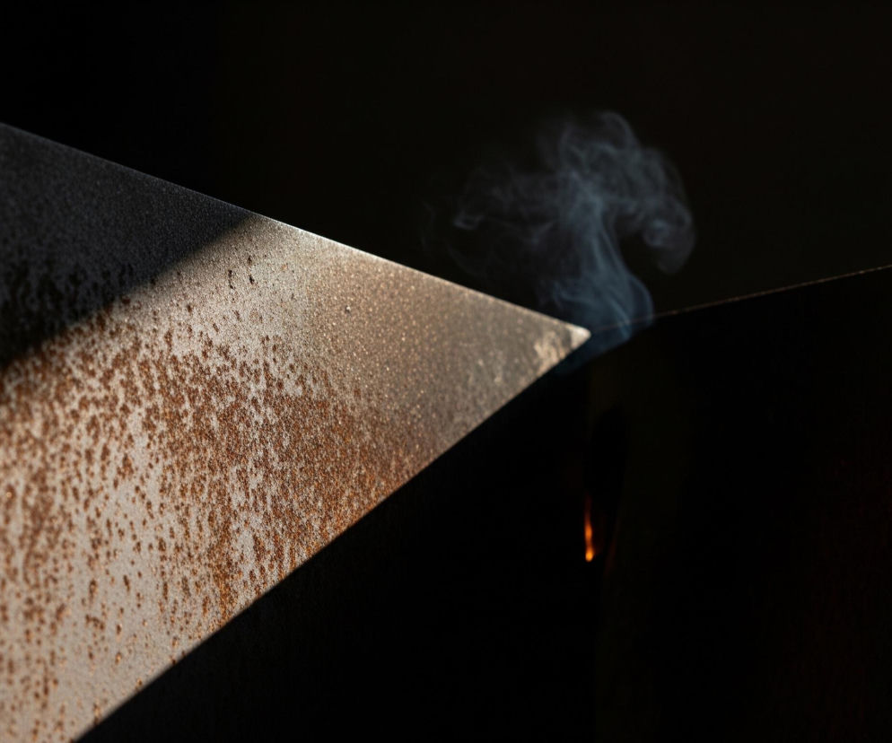 Płaszczyzna metalowej powierzchni, pokrytej rdzą i drobnymi, brązowymi plamkami, biegnie ukośnie od dolnego lewego rogu w kierunku prawego górnego. Górna część tej płaszczyzny jest oświetlona jasnym, ciepłym światłem, tworzącym wyraźny cień na dolnej części. Na styku metalowej powierzchni i ciemnego tła, w prawym górnym kwadrancie, unosi się smuga białego dymu, a pod nią widoczny jest pionowy pomarańczowy płomień. Całość kompozycji jest zdominowana przez kontrast między jasnymi, rdzawymi tonami metalu a głęboką czernią tła.