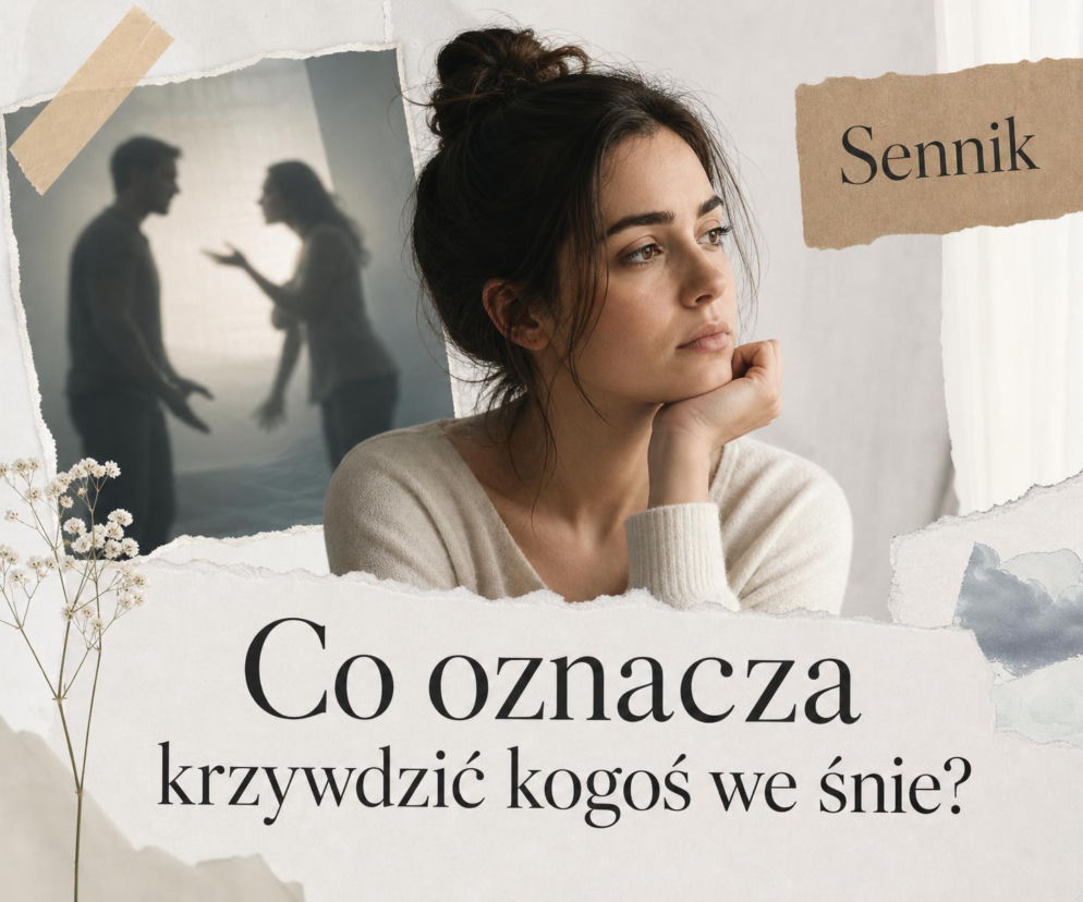Zamyślona kobieta. Na wstawce kłótnia pary. O znaczeniu snu o krzywdzeniu kogoś przeczytasz na SE.