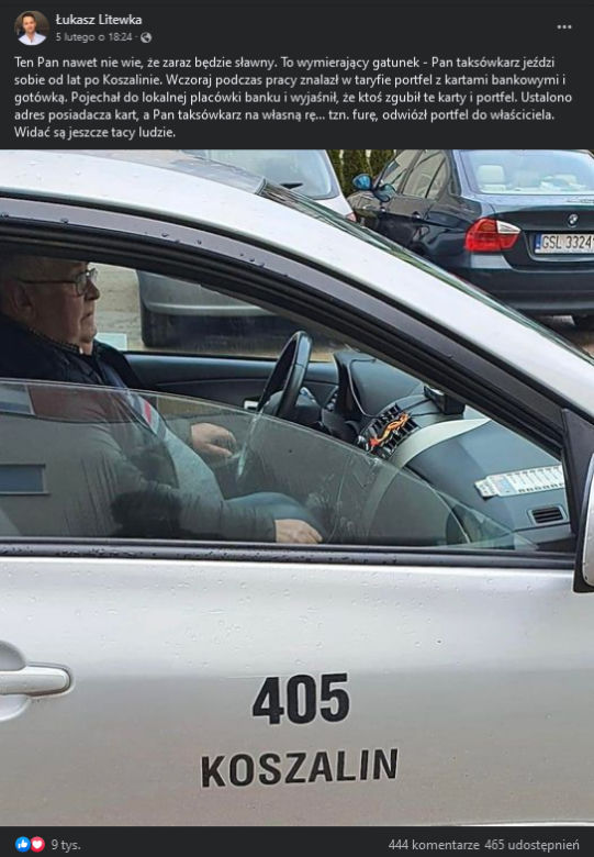 Uczciwy taksówkarz z Koszalina stał się sławny na całą Polskę