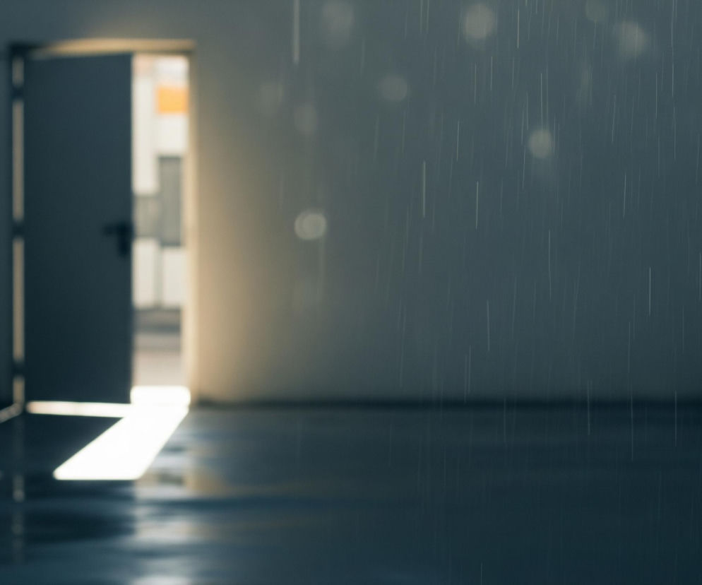 Pusta, szara przestrzeń z otwartymi drzwiami po lewej stronie kadru, przez które wpada jasne światło, tworząc na podłodze wyraźny, geometryczny kształt. Podłoga w pomieszczeniu jest ciemnogranatowa i wydaje się mokra, odbijając jaśniejsze obszary. Prawa strona kadru jest ciemniejsza, z pionowymi, jasnymi smugami oraz rozproszonymi okrągłymi plamami światła, sugerującymi padający deszcz.