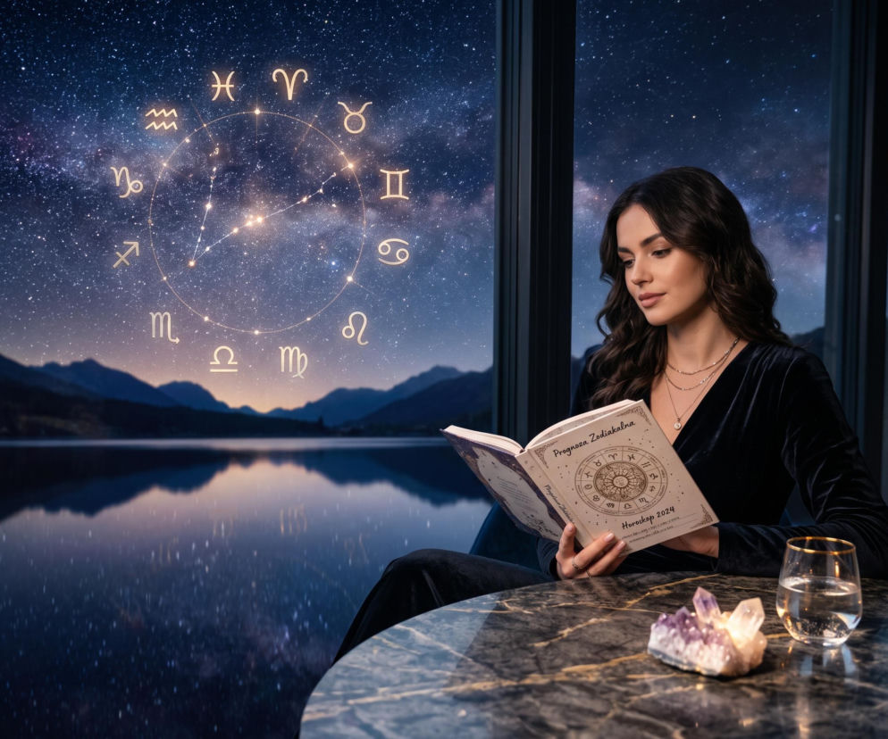 Kobieta czyta horoskop nad jeziorem. W tle znaki zodiaku na niebie. O regeneracji ciała przeczytasz na SE.