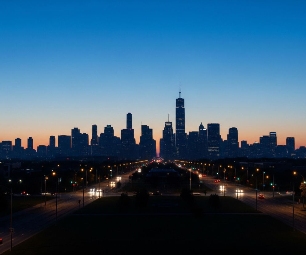 Rozległa panorama miasta o zmierzchu, dominującej części obrazu jest ciemna, wydłużona sylwetka miejskiego horyzontu z licznymi drapaczami chmur, wśród których wyróżnia się jeden wysoki wieżowiec z iglicą na środku. Nad miastem rozciąga się niebo o zmieniających się kolorach od ciemnego granatu u góry, poprzez błękit, aż do pomarańczowo-różowego odcienia tuż nad linią horyzontu. Poniżej miasta widać szeroką aleję lub drogę, rozciągającą się symetrycznie w kierunku miasta, z licznymi samochodami o włączonych światłach przednich i tylnych oraz świecącymi latarniami ulicznymi, które tworzą długie rzędy świateł po obu stronach.