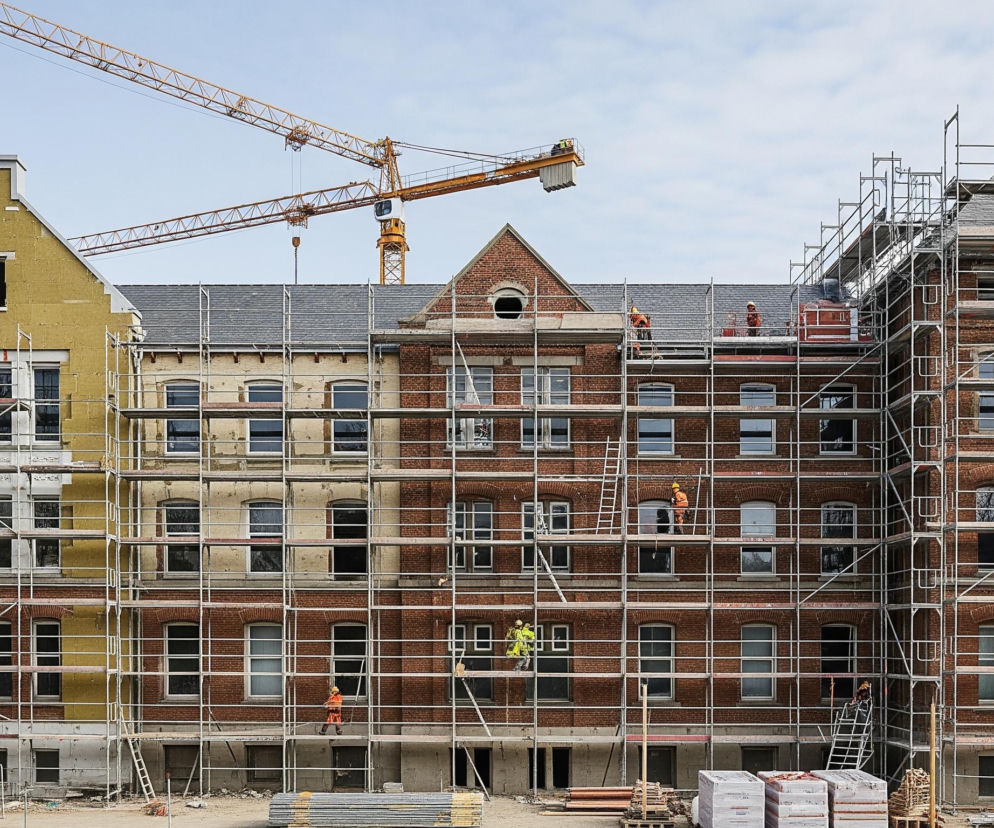 Rozległy budynek w trakcie budowy lub renowacji, z dużymi połaciami rusztowań obejmujących jego fasady. Lewa część budynku ma żółte ocieplenie, podczas gdy środkowa i prawa strona są wykończone czerwoną cegłą, z widocznymi licznymi oknami o ciemnych ramach. Na dachu i rusztowaniach widać kilku pracowników budowlanych w jaskrawych, odblaskowych strojach. W tle, ponad dachem, dominują dwa żółte żurawie budowlane pod jasnym, częściowo zachmurzonym niebem. Na pierwszym planie znajduje się plac budowy z ułożonymi materiałami, takimi jak panele i palety z kartonami.