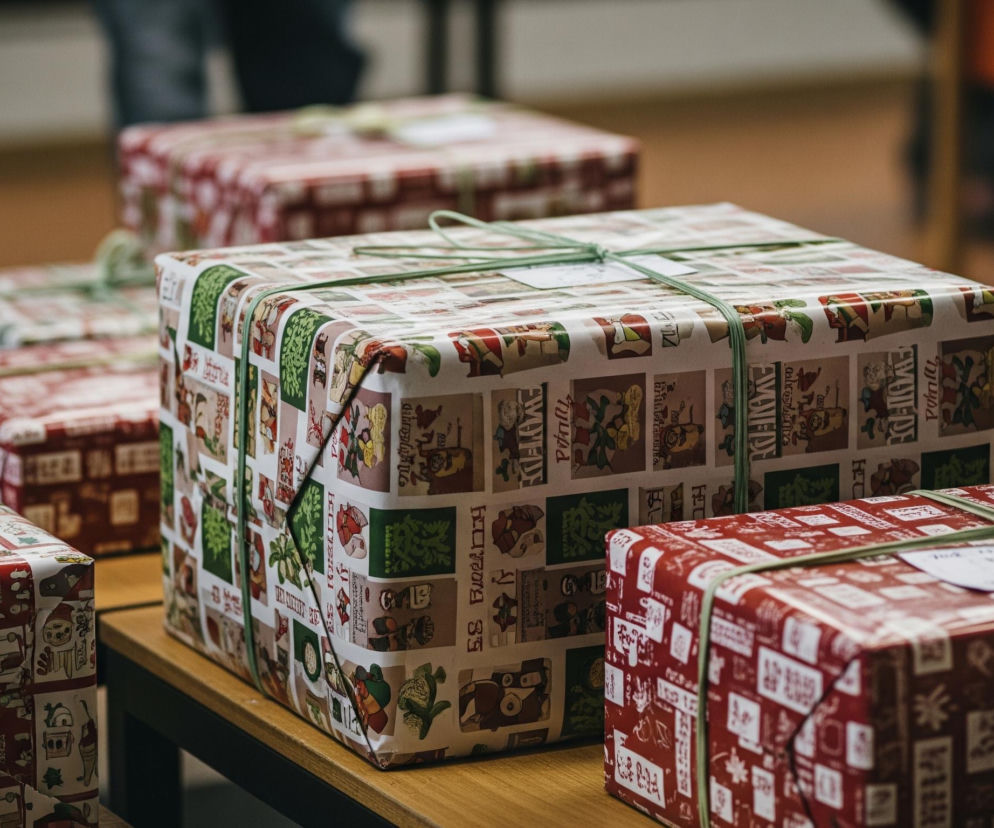 Na drewnianym stole leżą różnokolorowe, zapakowane prezenty. Duży prezent w centrum kadru jest owinięty w biały papier z wzorami przedstawiającymi rysunki zielonych drzew i postaci w czerwonych i żółtych ubraniach, przewiązany zielonym sznurkiem i ma dołączoną małą, białą etykietę. Obok niego, po prawej stronie, leży mniejszy prezent w czerwonym papierze z białymi i czarnymi wzorami, również przewiązany zielonym sznurkiem. W tle widać więcej podobnie zapakowanych paczek w czerwono-białe wzory.