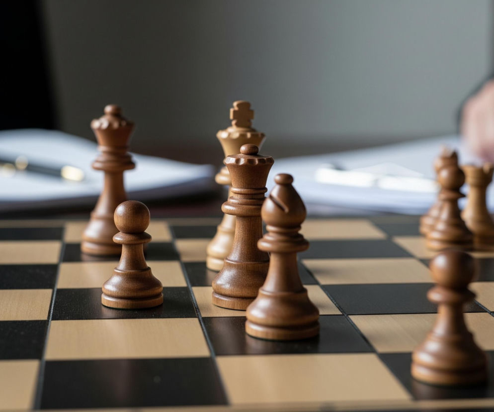 Na pierwszym planie widoczna jest drewniana szachownica z naprzemiennymi, czarnymi i beżowymi polami. Rozłożone są na niej figury szachowe: ciemne (brązowe) pionki, wieże, królowa i hetman zajmujące dolną część kadru, oraz jasne (jasnobeżowe) figury, wśród których wyróżnia się królowa i król, umiejscowione w środkowej części szachownicy. Część figur jest nieostra, skupiając uwagę na tych w centrum. W tle, za szachownicą, leżą białe dokumenty i długopis, a po prawej stronie widać niewyraźną dłoń osoby, prawdopodobnie piszącej lub przeglądającej papiery.