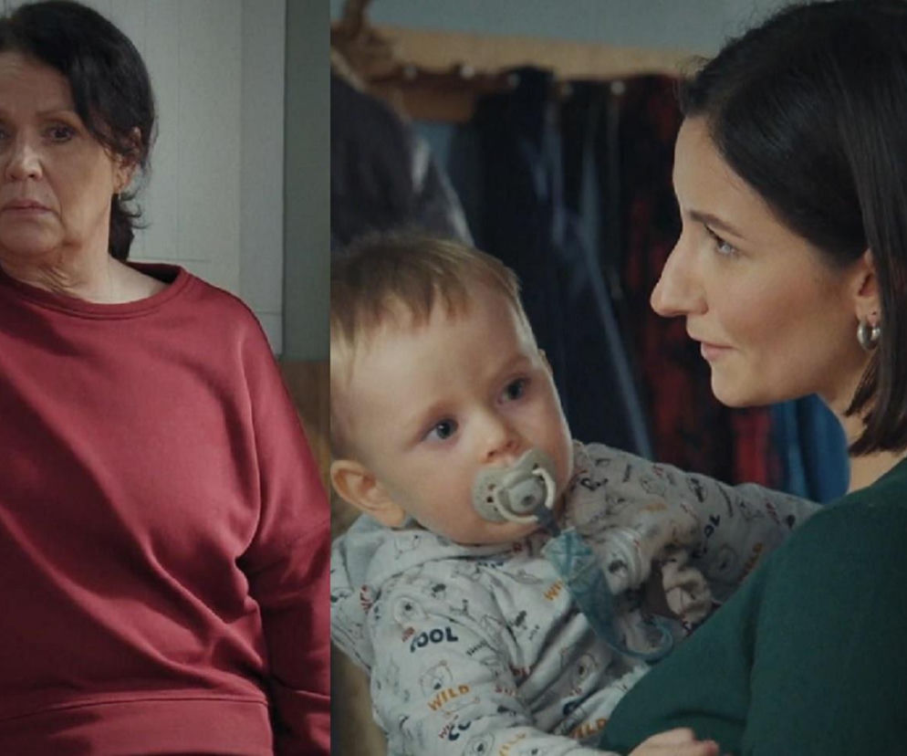 Kolaż zdjęć z serialu M jak miłość. Po lewej stronie Marysia w czerwonej bluzie, z zatroskaną miną. Po prawej Agnes, z krótkimi ciemnymi włosami, trzyma na rękach Antosia z jasnymi włosami i smoczkiem w buzi. Zdjęcie ilustruje odcinek 1927 serialu, gdzie Agnes zajmuje się synem Pawła. Więcej informacji na ten temat znajdziesz na Super Seriale.