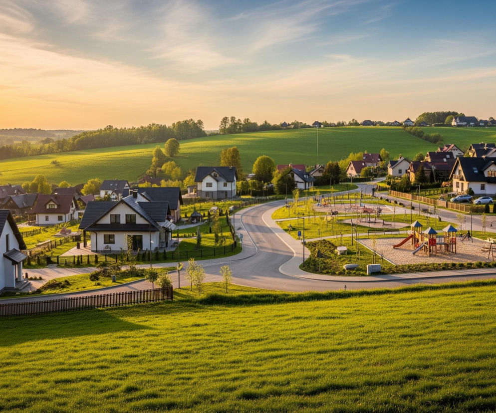 Panoramiczny widok ukazuje rozległą, zieloną dolinę z licznymi domami mieszkalnymi o białych ścianach i ciemnych dachach, otoczonymi soczystą trawą i drzewami. Kręta, asfaltowa droga biegnie przez środek osiedla, a wzdłuż niej widoczny jest plac zabaw z kolorowymi urządzeniami na piaskowym podłożu. Horyzont zamyka pasmo zalesionych wzgórz, a niebo, rozświetlone zachodzącym słońcem, przechodzi od intensywnego żółto-pomarańczowego po lewej stronie do błękitu po prawej, z delikatnymi, białymi chmurami.