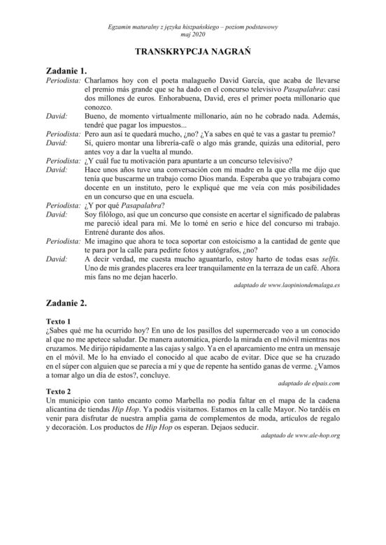 Matura 2020 ARKUSZ CKE: j. hiszpański - p. podstawowy