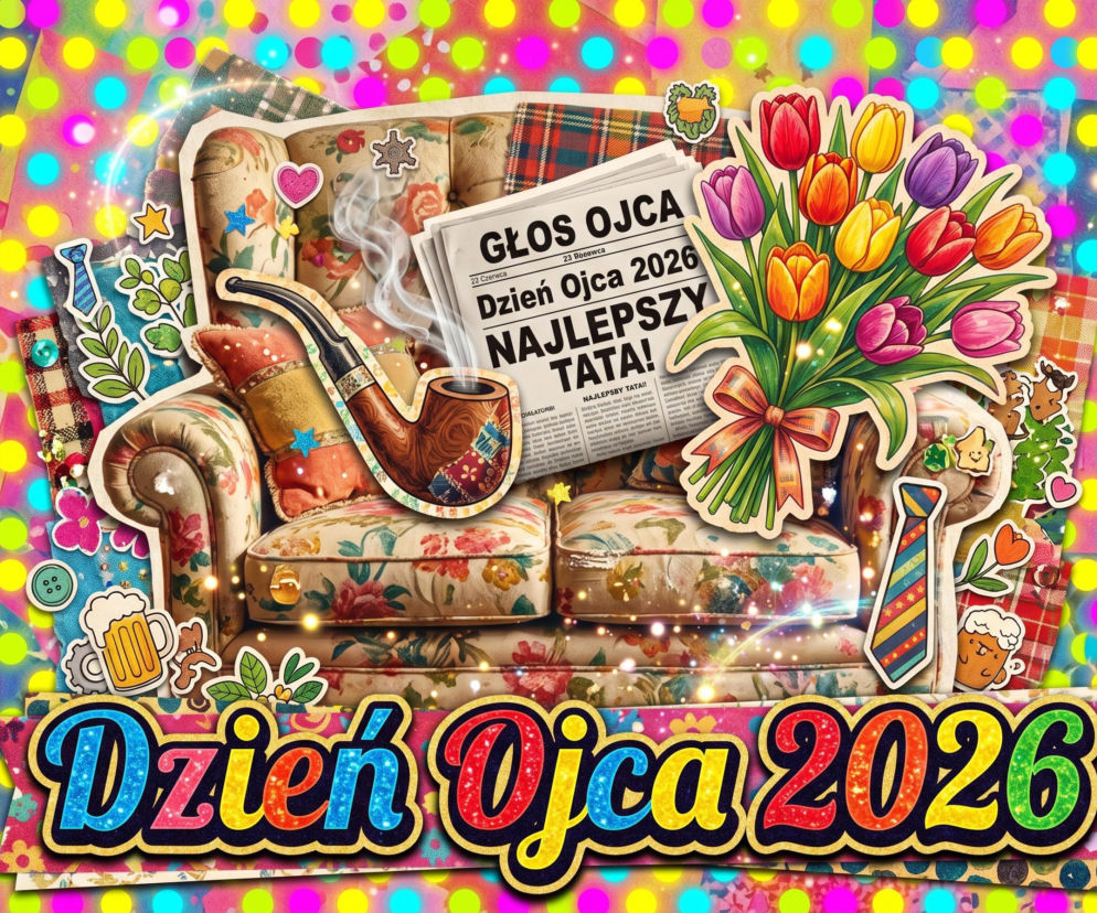 Grafika z kartką na Dzień Ojca 2026 przedstawiająca komfortową sofę z tytoniem, gazetą Głos Ojca i bukietem kolorowych tulipanów. To idealna oprawa do życzeń dla taty, które znajdziesz na naszym portalu.