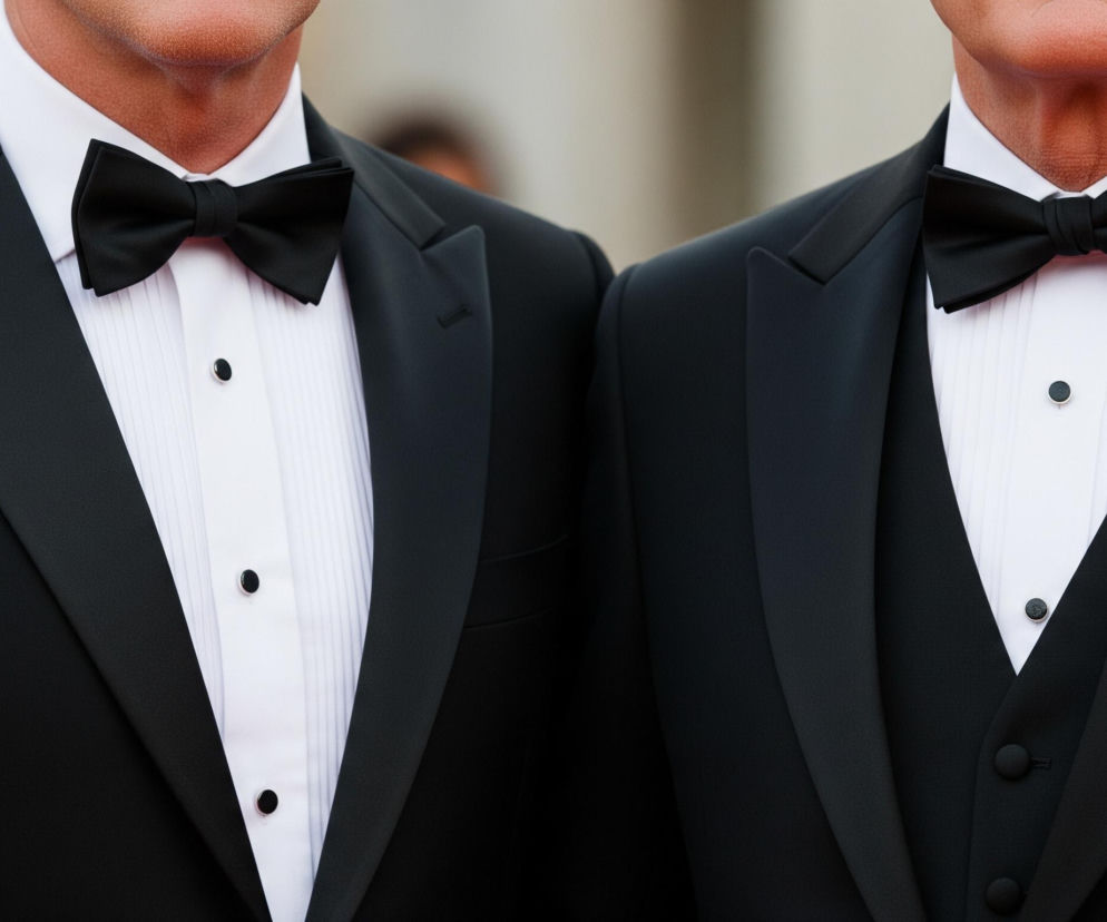 Kadrowany obraz przedstawia torsy dwóch mężczyzn, skupiając się na ich formalnym stroju. Obaj ubrani są w klasyczne, czarne smokingi z białymi koszulami, do których mają założone czarne muszki. Koszula po lewej stronie posiada cztery widoczne, małe, okrągłe guziki, rozmieszczone pionowo na plisowanym froncie. Koszula po prawej stronie ma dwa podobne guziki, z których dolny znajduje się na tle czarnej kamizelki, widocznej pod marynarką. Tła są niewyraźne i rozmyte.
