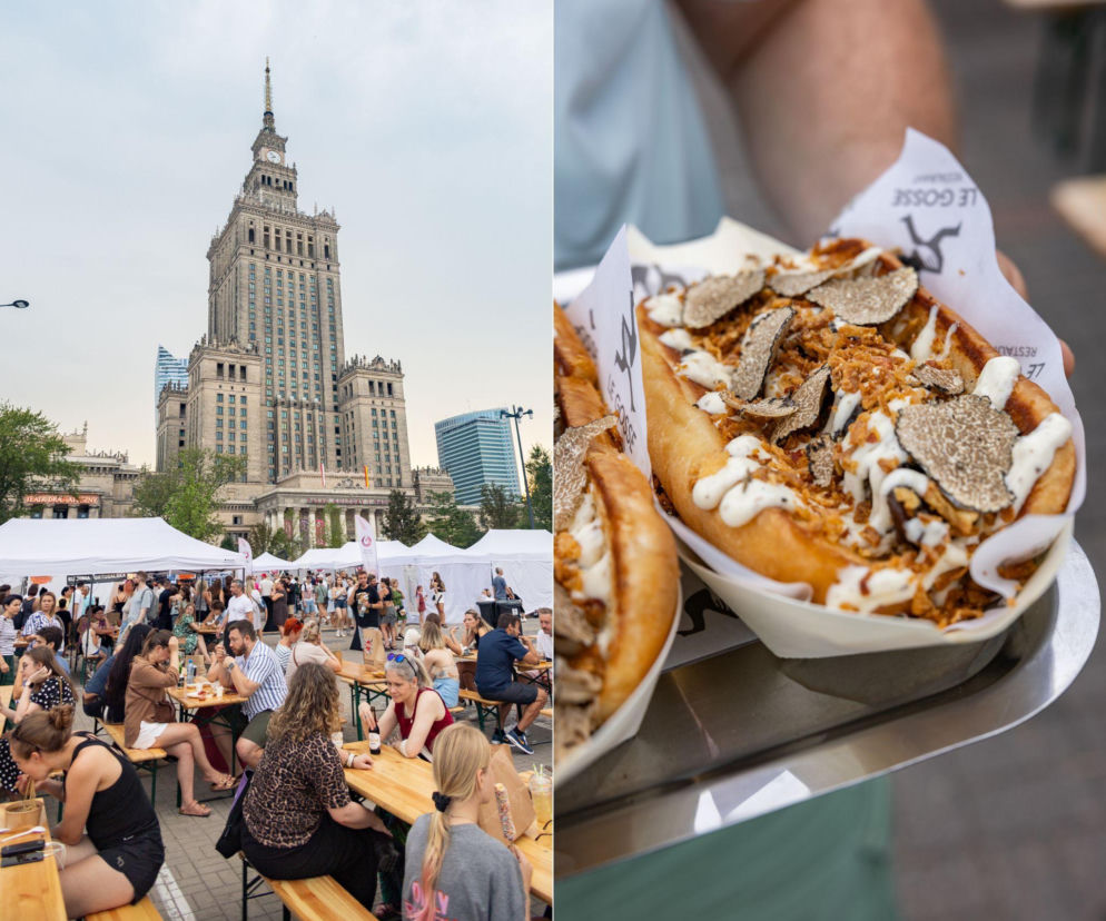 Ludzie jedzący przy stołach pod Pałacem Kultury i Nauki. Obok zbliżenie na danie z truflami. Więcej na SE.