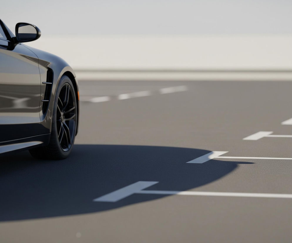 Czarne sportowe auto, częściowo widoczne po lewej stronie kadru, stoi na asfaltowym parkingu. Karoseria samochodu odbija światło, ukazując jasne refleksy na błotnikach i drzwiach, z widocznym lusterkiem bocznym i uchwytem drzwi. Na ciemnoszarej nawierzchni parkingu widoczne są białe, przerywane linie wyznaczające miejsca parkingowe, które rozciągają się w prawo i w głąb obrazu. Rzucane przez słońce cienie samochodu i linii parkingowych tworzą kontrast na powierzchni asfaltu. Jasne, jednolite tło bez wyraźnych szczegółów zajmuje górną część kadru, sugerując otwartą przestrzeń.