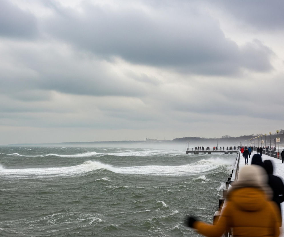 Sztormowe morze dominuje w lewej części kadru, z ciemnoszarymi falami, których grzbiety są białe od spienionej wody. Falujące morze rozciąga się od lewej dolnej krawędzi aż do horyzontu. Po prawej stronie zdjęcia znajduje się molo pokryte śniegiem, na którym widać liczne postacie ludzi w zimowych ubraniach, z czego kilka postaci na pierwszym planie jest rozmytych. Na molo rozmieszczone są latarnie z okrągłymi kloszami, a wzdłuż niego ciągnie się rząd poręczy. Nad molo i morzem rozciąga się gęste, szare, zachmurzone niebo, a na horyzoncie widoczna jest linia lasu lub zalesionego brzegu.