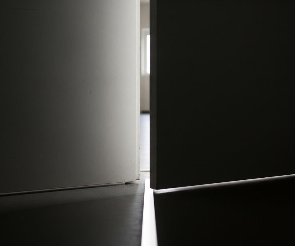 Uchylone drzwi ciemnego pomieszczenia ukazują wąską szczelinę światła po prawej stronie. Promień światła przechodzi także pod drzwiami, rozświetlając podłogę na pierwszym planie i akcentując fakturę powierzchni. Część futryny i krawędź ściany po lewej stronie są jaśniejsze, a w tle widać niewielki, jasny prostokąt, prawdopodobnie okno lub inne źródło światła.