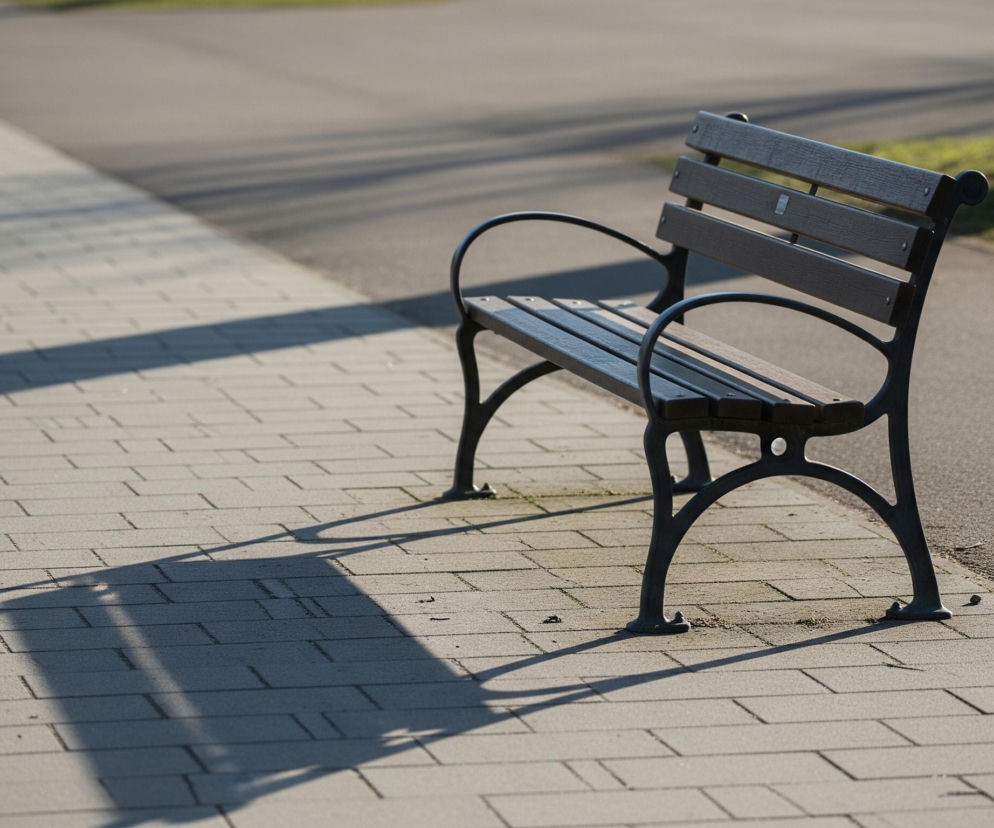 Drewniana ławka z ciemnym, metalowym stelażem stoi na jasnym chodniku z kostki brukowej. Po prawej stronie ławki znajduje się asfaltowa ścieżka, a dalej widoczna jest trawa i fragment pnia drzewa. Długi cień pada z lewej strony obrazu, przecinając chodnik i częściowo zasłaniając ławkę. Słońce świeci z niskiego kąta, tworząc wyraźne kontrasty światła i cienia.