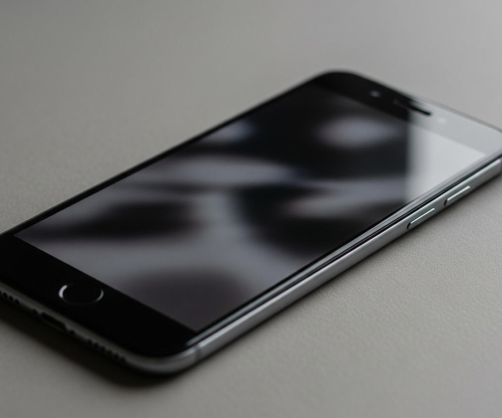Na pierwszym planie, centralnie, leży smartfon z czarnym ekranem i srebrną ramką, ułożony lekko pod kątem w prawą stronę. Ekran smartfona jest wygaszony, a jego powierzchnia odbija niewyraźne, jasne kształty. Po prawej stronie ramki widoczne są dwa srebrne, podłużne przyciski regulacji głośności oraz przełącznik trybu dzwonka. Lewa strona ramki jest gładka, a dolna krawędź urządzenia ma wyprofilowany owalny przycisk Home oraz małe otwory głośnika i gniazdo słuchawkowe. Całość spoczywa na szarej, jednolitej powierzchni o delikatnej, ziarnistej teksturze.