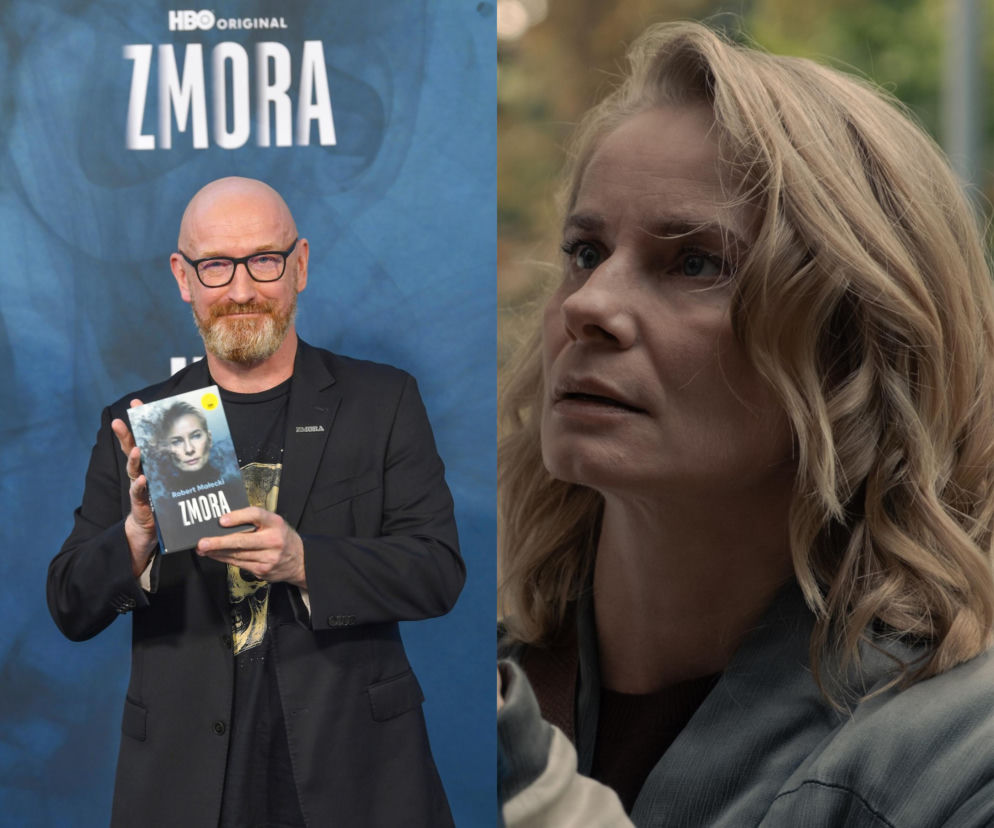 Pisarz Robert Małecki trzyma książkę Zmora. Obok Magdalena Cielecka w kadrze z serialu. O adaptacji przeczytasz na SE.