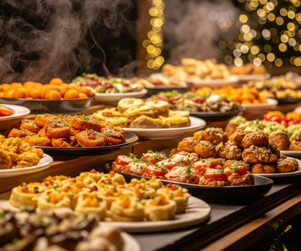 Stół jest wypełniony różnorodnymi potrawami, z których wiele dymi, sugerując, że są gorące. Na pierwszym planie, po lewej stronie, znajdują się białe talerze z różnymi przystawkami, w tym pieczonymi kawałkami kurczaka oraz mniejszymi, okrągłymi, złotymi potrawami. Po prawej stronie widać czarne talerze z zapiekankami, na których leżą plastry pomidora i zielone zioła, a także talerze z małymi, jasnożółtymi przekąskami z kolorowymi dodatkami.

W tle, pośrodku, widoczne są inne potrawy na czarnych talerzach, w tym pomarańczowe kulki i zielone sałatki. Całość jest ustawiona na drewnianych i czarnych półkach, tworząc wielopoziomową ekspozycję. Za jedzeniem, w prawym górnym rogu, rozmyte, ciepłe, żółte światła tworzą świąteczny klimat, przypominający choinkę lub girlandę.