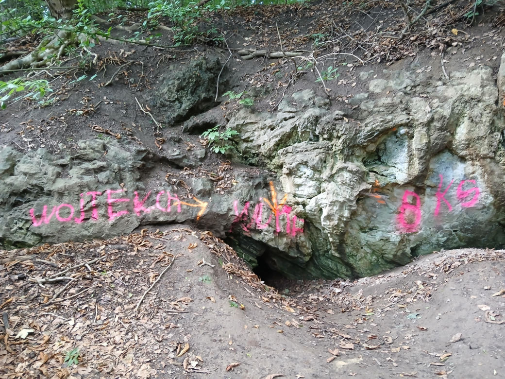 Wandale zniszczyli przyrodniczy skarb pod Bydgoszczą. Jaskinia „Bajka” oszpecona farbą