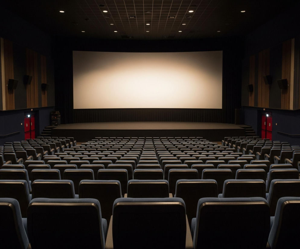 Pusta sala kinowa jest zdominowana przez duży, jasny ekran kinowy o beżowym odcieniu, znajdujący się w centrum dalszej części pomieszczenia. Poniżej ekranu rozciąga się ciemna, pozioma powierzchnia, przypominająca scenę lub podwyższenie, a przed nią układają się rzędy ciemnoniebieskich foteli, skierowanych w stronę ekranu. Ściany boczne, pokryte panelami w pionowe pasy w odcieniach brązu i granatu, wyposażono w kilka czarnych głośników, a na suficie, wykonanym z ciemnych kasetonów, rozmieszczone są liczne, okrągłe, jasne punkty świetlne.