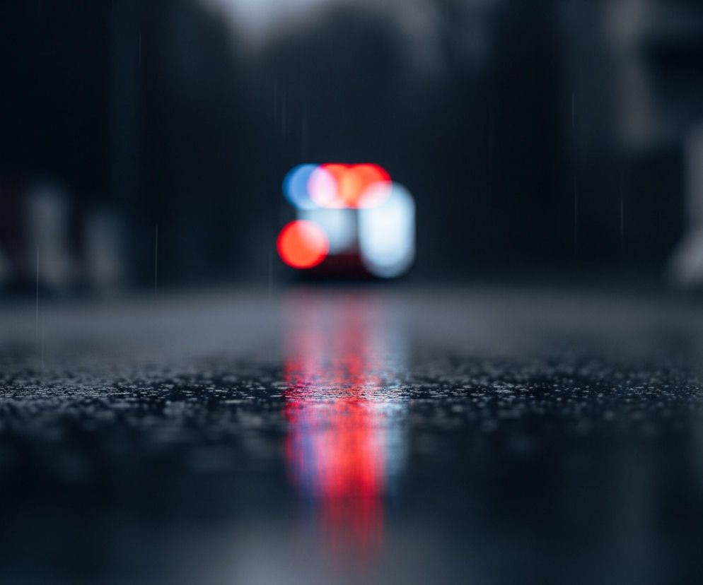 Mokra, asfaltowa nawierzchnia z drobnymi kroplami deszczu na pierwszym planie, zamazana w głąb obrazu. W tle, centralnie, widoczne są rozmyte, intensywne światła, głównie czerwone i niebieskie, które odbijają się na wilgotnej powierzchni, tworząc jaskrawe, wydłużone refleksy. Po obu stronach drogi zarysowują się niewyraźne, ciemne kształty, sugerujące otoczenie miejskie lub drogowe. Całość utrzymana jest w chłodnej tonacji szarości i granatu, z dominującymi akcentami czerwieni i błękitu świateł.
