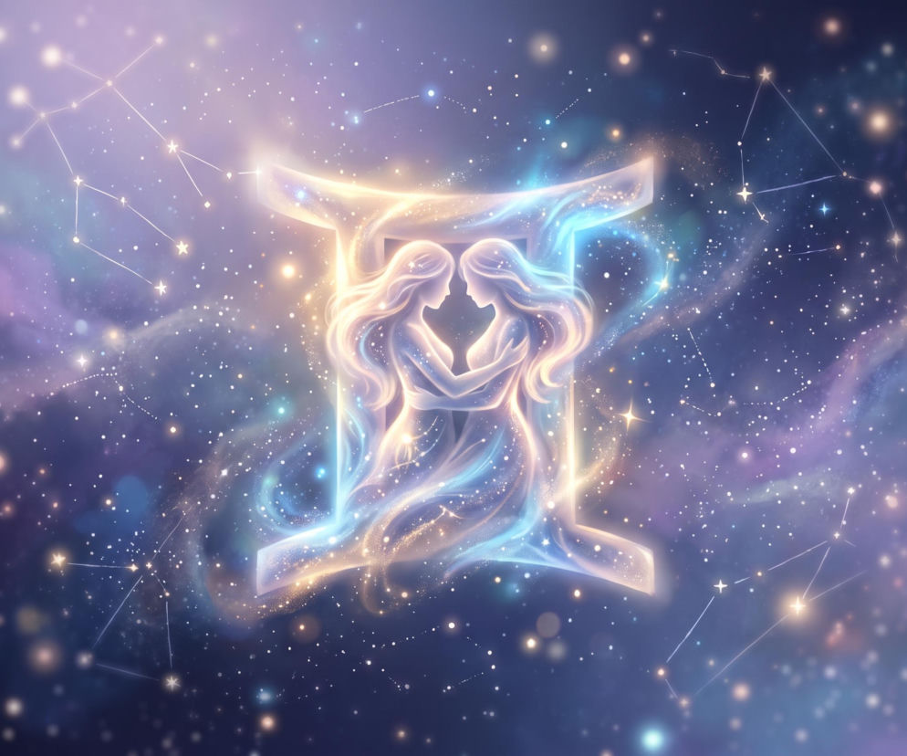 Świecący znak zodiaku Bliźnięta z dwiema objętymi postaciami na tle kosmosu. Horoskop dzienny znajdziesz na Eska.