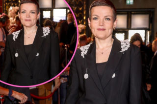 Ministra kultury w eleganckiej stylizacji na premierze filmu Ojczyzna 