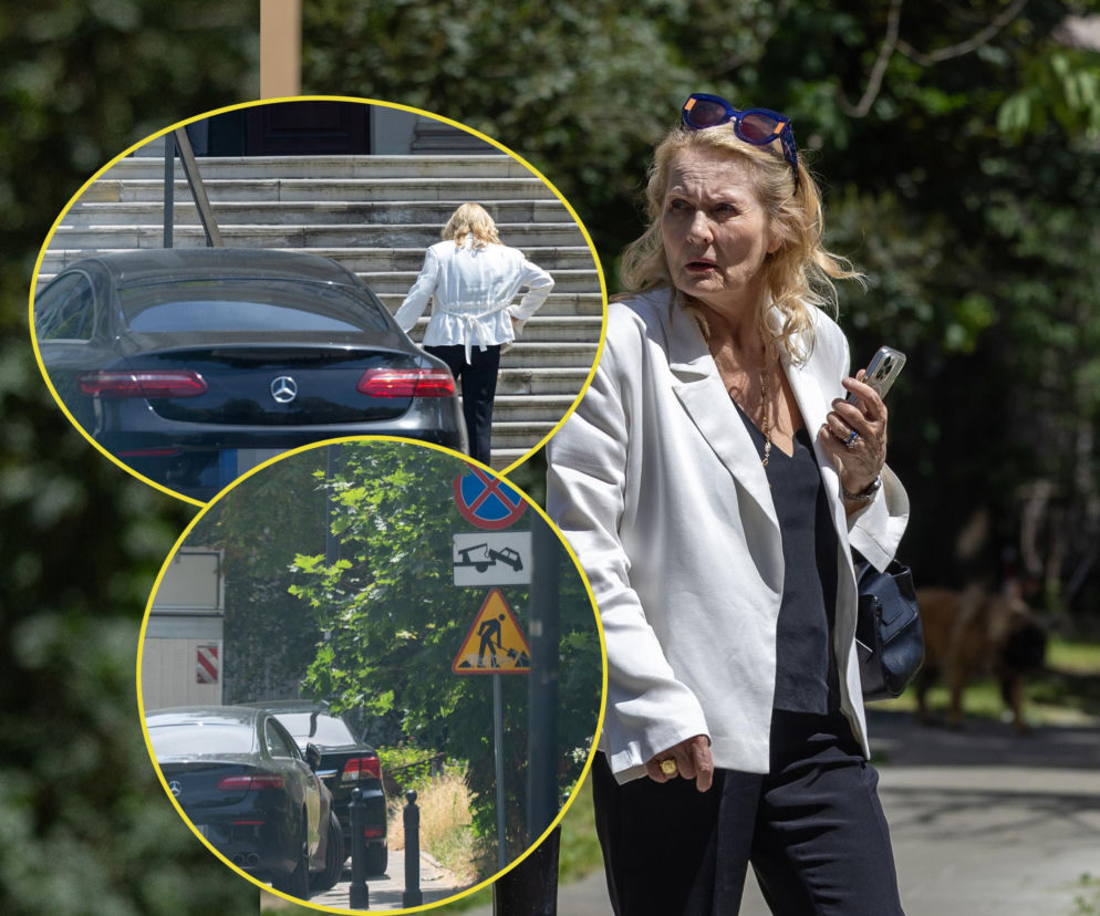 Grażyna Szapołowska w białym żakiecie. Na miniaturach auto pod pałacem i zakaz parkowania. O łamaniu przepisów na SE.
