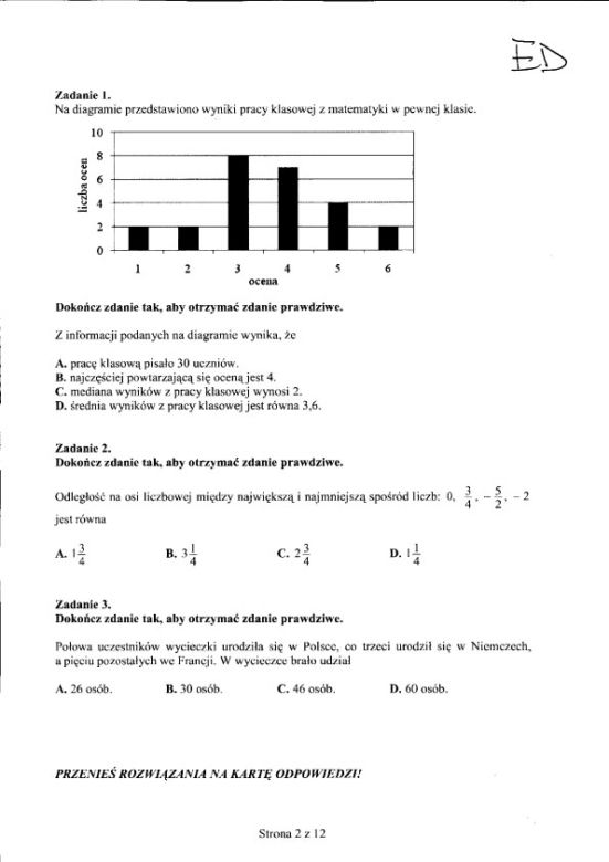 Egzamin gimnazjalny 2012 - MATEMATYKA 25.04.2012 - ODPOWIEDZI, ARKUSZE, PYTANIA, ROZWIĄZANIA. Test gimnazjalny 2012