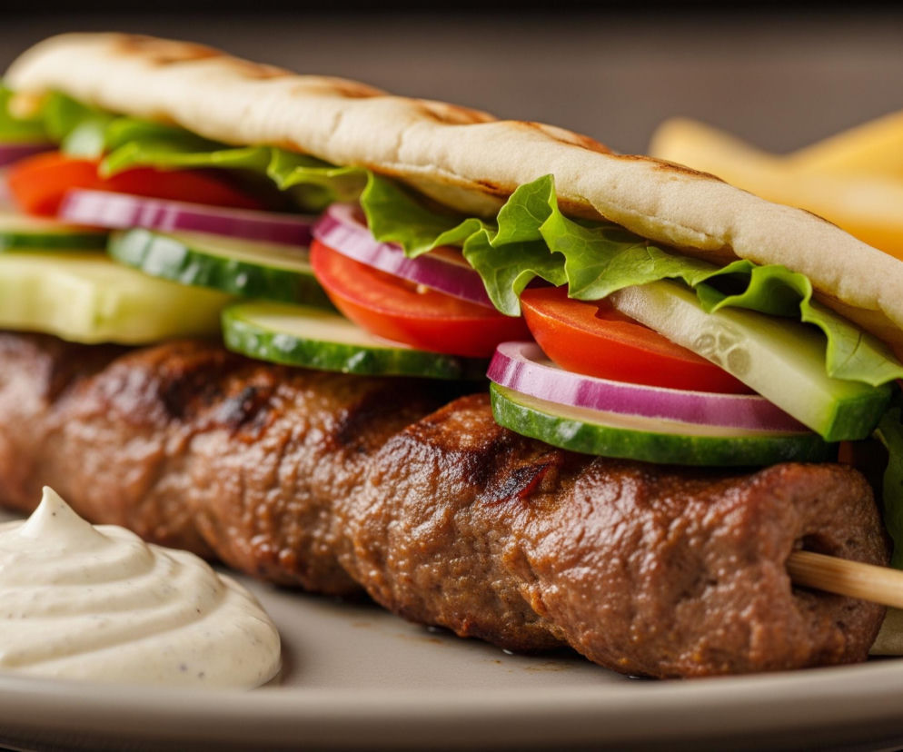 Na pierwszym planie, centralnie, leży długi szaszłyk z mielonego mięsa, przebity drewnianym patyczkiem. Na mięsie ułożone są warstwy świeżych warzyw: zielona sałata, plastry czerwonych pomidorów, ciemnozielone ogórki oraz fioletowa cebula, wszystko zawinięte w jasny, lekko przypieczony placek. Po lewej stronie szaszłyka znajduje się spiralna porcja białego sosu z drobnymi czarnymi drobinkami, ułożona na beżowym talerzu. W tle, po prawej stronie, widać rozmyte, żółte frytki. Całość spoczywa na ciemnobrązowym, drewnianym stole.