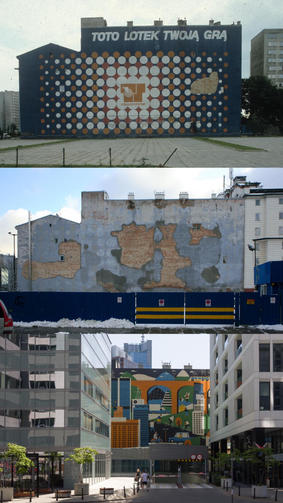 Na kamienicy przy rondzie ONZ w okresie PRL widniały reklamy. Były świetnie widocznie od strony Alei Jana Pawła II. W 2016 r. powstał tu mural ilustratora Dawida Ryskiego. Przez zwartość nowej zabudowy pracę tę trudno jednak oglądać w pełnej krasie.