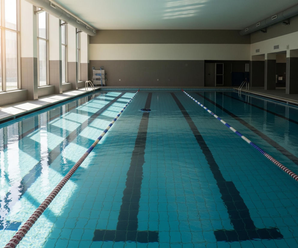 Jasnoniebieski basen sportowy, oświetlony naturalnym światłem wpadającym przez duże okna, dominuje w kadrze. Po lewej stronie, wzdłuż basenu, widoczne są wysokie, prostokątne okna z białymi ramami, przez które wpada intensywne światło słoneczne, tworząc refleksy na wodzie. Prawe ściany basenu są w odcieniach szarości i bieli, z kafelkami na dole i pasami na górze. W oddali po prawej stronie basenu znajdują się metalowe barierki wejściowe oraz wnęki z meblami i drzwiami. Długa, biało-czerwona lina rozgraniczająca tory pływackie biegnie przez środek basenu.