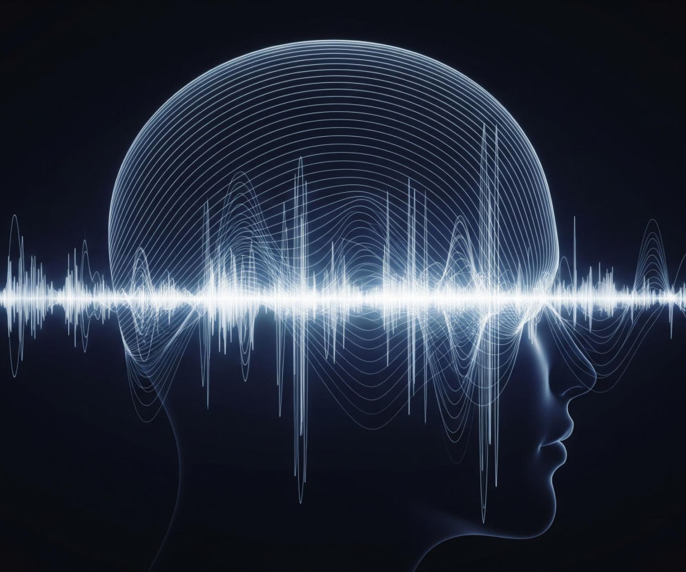 Na czarnym tle ukazana jest boczna sylwetka ludzkiej głowy, skierowana w prawo, w kolorze ciemnego błękitu. Górna część głowy, obejmująca potylicę i czubek, jest zarysowana przez szereg równoległych, jasnoniebieskich, poziomych i lekko zakrzywionych linii, które tworzą półkulisty kształt, rozciągający się poza samą sylwetkę. Na wysokości skroni i czoła, przecina ją pozioma, intensywnie jasna, falista linia przypominająca wykres fal dźwiękowych lub sygnału elektrycznego. Od tej linii w dół i w górę rozchodzą się liczne jasnoniebieskie linie o zmiennej długości i kształcie, przypominające kolce lub nieregularne fale, które częściowo przenikają sylwetkę głowy.