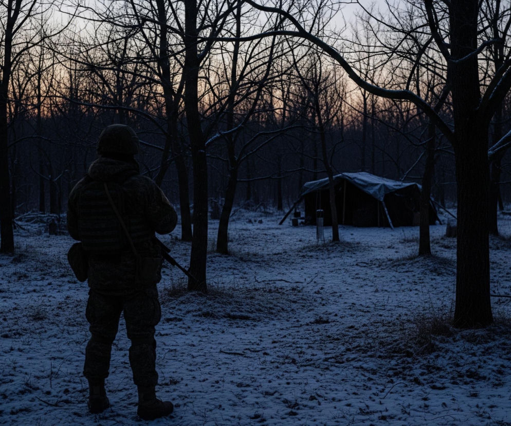 Żołnierz w kamuflażu stoi tyłem w centrum kadru, patrząc w głąb zasypanego śniegiem lasu. Na jego plecach wisi karabin, a na głowie ma hełm. Otaczają go liczne drzewa o nagich, ciemnych gałęziach, pokrytych cienką warstwą śniegu, które rysują się na tle bladego, pomarańczowo-różowego nieba o wschodzie lub zachodzie słońca. W prawym środku obrazu, między drzewami, widać ciemny namiot lub prowizoryczne schronienie, również pokryte śniegiem. Cała scena jest utrzymana w chłodnych barwach, z dominującymi odcieniami błękitu i szarości na śniegu oraz ciemnymi sylwetkami drzew.