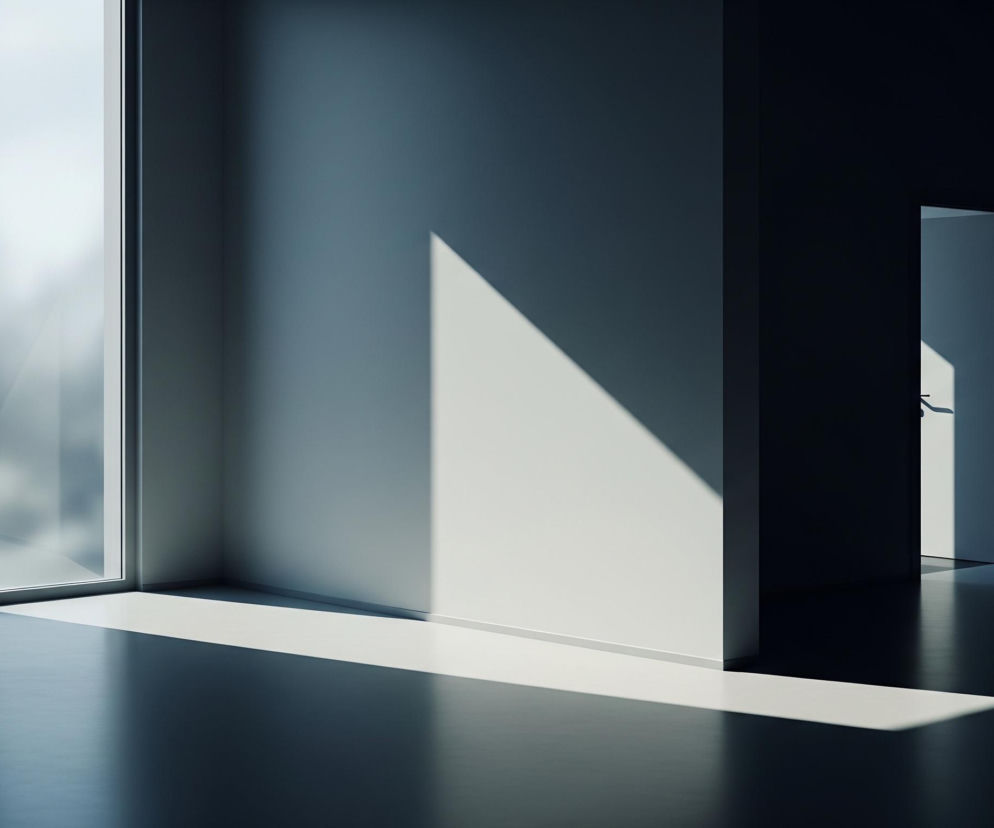 Pomieszczenie z dużym oknem po lewej stronie dominuje w kadrze, przez które wpada jasne światło słoneczne, tworząc ostre cienie na ścianie i podłodze. Biała ściana w centrum jest częściowo oświetlona przez ukośny promień słońca, kontrastując z ciemnymi obszarami. W głębi po prawej stronie widać otwarte drzwi, za którymi również panuje częściowe oświetlenie. Podłoga odbija światło, ukazując gładką powierzchnię w odcieniach szarości i błękitu.