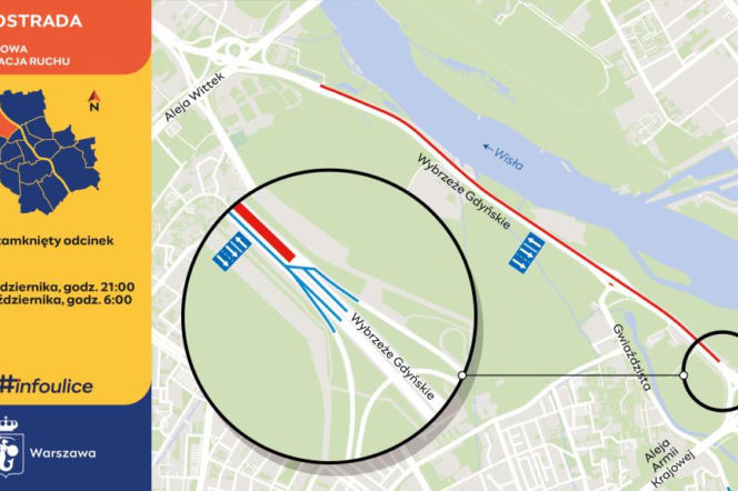 Mapa tymczasowej organizacji ruchu na Wisłostradzie. O zmianach i utrudnieniach dla kierowców przeczytasz na SE.